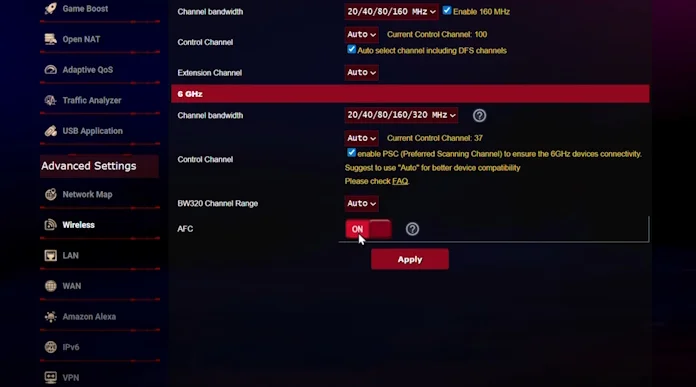 The router interface menu where users enable AFC