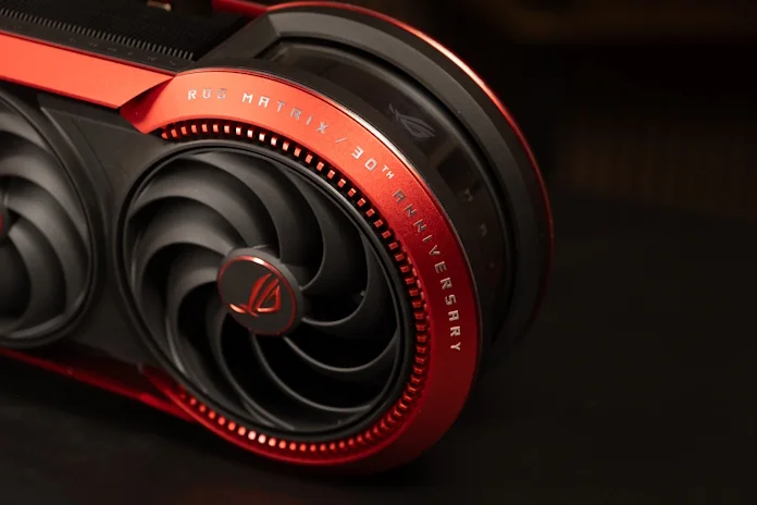 The rounded end of the ROG Matrix GeForce RTX 5090 30th Anniversary Edition graphics card