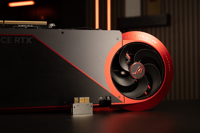 A wide view of the ROG Matrix GeForce RTX 5090 graphics card