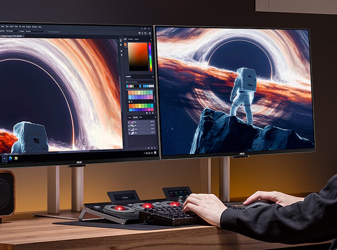 A color grader works on an image with two ProArt Display monitors