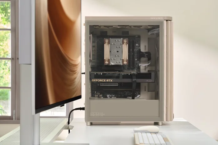 A side of a completed PC build featuring the ProArt PA401 Beige Edition chassis