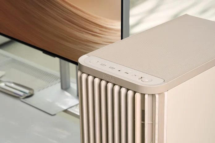 The ProArt PA401 Beige Edition chassis with a monitor in the background