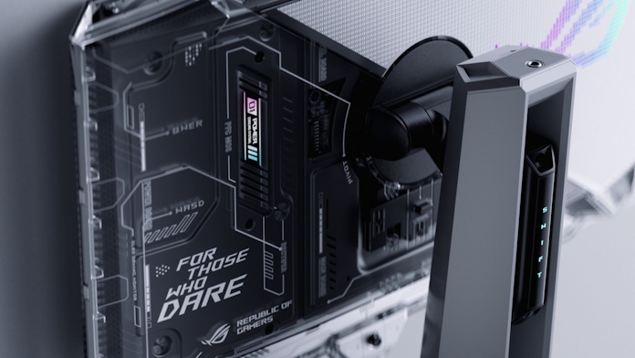 A closeup view of the back panel of the ROG Swift OLED PG27AQWP-W gaming monitor