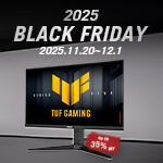 A banner for the TUF Gaming Black Friday 2025 promotion running between 11/20/25 and 12/1/25, with prices up to 35% off 