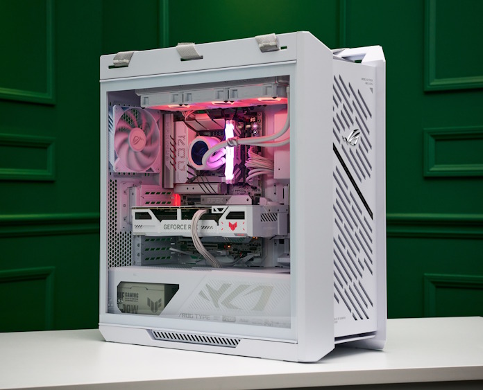 A desktop PC built with the ROG Strix Helios II gaming PC case