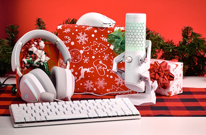 Three ROG white peripherals, including the ROG Falchion RX Low Profile gaming keyboard