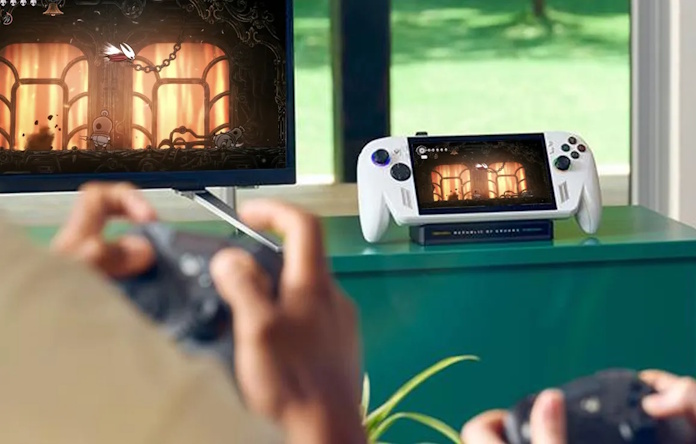 Two gamers playing together using an ROG Xbox Ally-powered setup