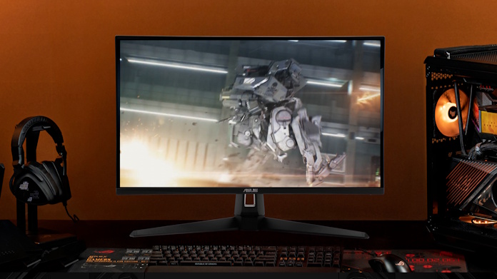The TUF Gaming VG27AQM5A gaming monitor on a desktop PC gaming setup 